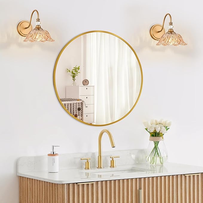 1 Piece Vintage Wall Sconce with Floral Amber Glass Shade, Matte Deep Brass Finish Wall Sconce for Bathroom,Vintage Amber Bathroom Vanity Light Fixture