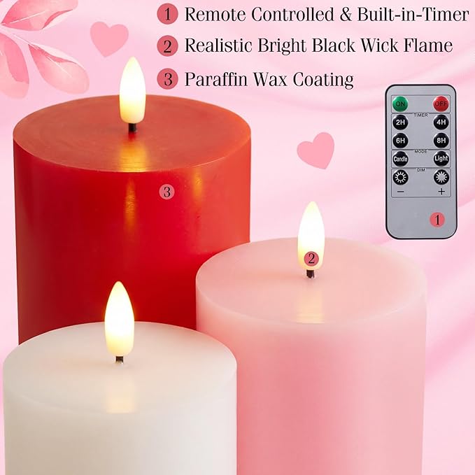 3 Pcs Mother's Day Flameless Candles Battery Operated Wax LED Flickering Flameless Pillar Candles with Remote for Home Table Dating Wedding Party Decor