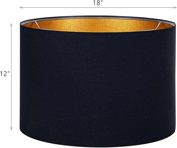 Wellmet Blackgold Set of 2 Drum Lampshades, Easy Assembly Required 18" Top x 18" Bottom x 12" High Replacement Lamp Shades, Fabric Lampshades for Table Lamps Floor Lamps, Metal Spider Fitter