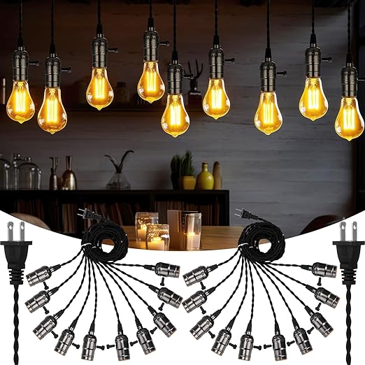 2 Pcs Vintage Pendant Light Sockets Light Cord Kit with Switches DIY Bulb Socket with Cord for E26 E27 Lamp Socket Lantern Bedroom Living Room Decor (1 Plug with 10 Sockets,Black)