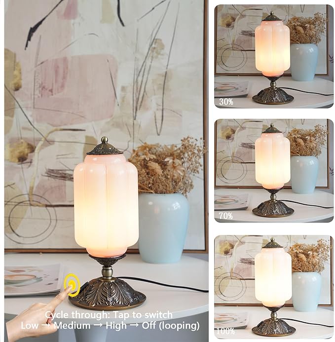Vintage Pink Glass Touch Table Lamp, Elegant Milk Glass Bedside Desk Lamp 3 Way Dimmable with USB C+A Charging Ports - Bedroom Nightstand & Living Room Essential, 4W Bulb Included (Pink, 6.5)