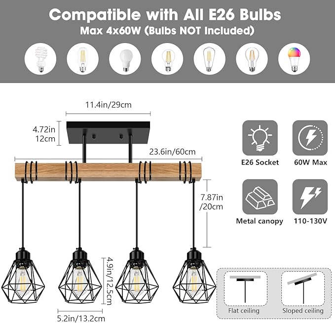 4-Lights Farmhouse Wood Kitchen Island Lighting, 23.6'' Dining Room Light Fixtures Chandelier Over Table, Rustic Black Cage Pendant Lights Ceiling Hanging for Pool Table, Living Room, Hallway