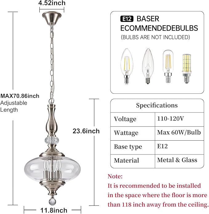 Brushed Nickel Pendant Light 11.8'' Wide 23.6'' High Modern Glass Pendant Light for Dining Room, Kitchen, Hallway Adjustable Height