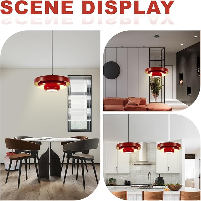 Vintage Red Ceiling Light, Large 3-Layer Metal Shade Mid Century Pendant, Industrial Hanging Light for Bedrooms, Living Room, and Hallway
