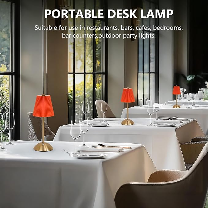 Cordless LED Red Orange Table Lamp with Dimmer, Built-in Rechargeable Battery, 3-Level Brightness, Patio Table Lamp, Bedside Night Lamp, Ambient Light for Restaurant, Antique Brass (Orange)