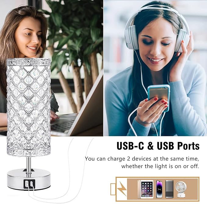 Silver Crystal Table Lamp, Bedside Nightstand Desk Lamp Touch Control Night Light Women Bedroom Decor Bling Lamps with 4 USB Ports & Bulb Included for Home, Office, Living Room