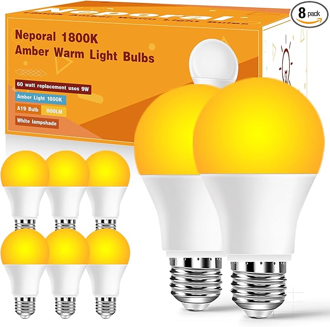 Neporal Amber Sleep Light Bulbs 1800K 8PK, 9W 60 Watt Equivalent, 99.96% Blue Blocking Soft Warm Light Bulbs A19, Amber Night Light E26 for Bedroom and Baby Nursery Light