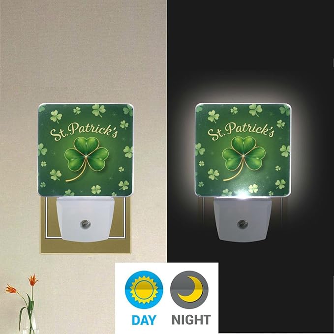 Vdsrup Sparkle Clover Shamrock Night Light Set of 2 Happy St Patrick's Day Plug-in LED Nightlights Auto Dusk-to-Dawn Sensor Lamp for Bedroom Bathroom Kitchen Hallway Stairs