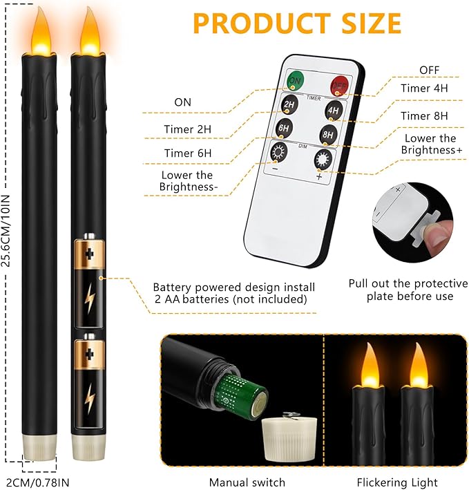 6 Pcs Black Flameless Taper Candles with Remote, 10" Tall Electric Led Candlesticks, Plastic Battery Operated Taper Candles for Halloween Dinner Party Wedding Birthday Home Décor(Black Drip)