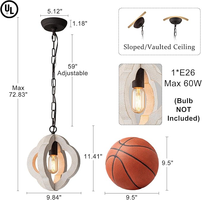 9.84" Modern Farmhouse Wood Pendant Lights Kitchen Island Orb Distressed White Oak Pendant Light Rustic Ceiling Hanging Light for Kitchen Sink Dining Room Hallway Entryway Foyer Adjustable Chain E26