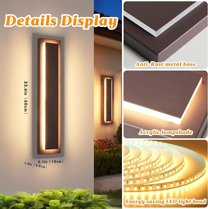 23.6 in Long Outdoor LED Wall Lights, Modern Exterior Garage Wall Light,24W Brown Outdoor Wall Sconce,Waterproof Outside Light Fixtures for House,Patio,Front Porch,2 Pack(3000K Warm White)