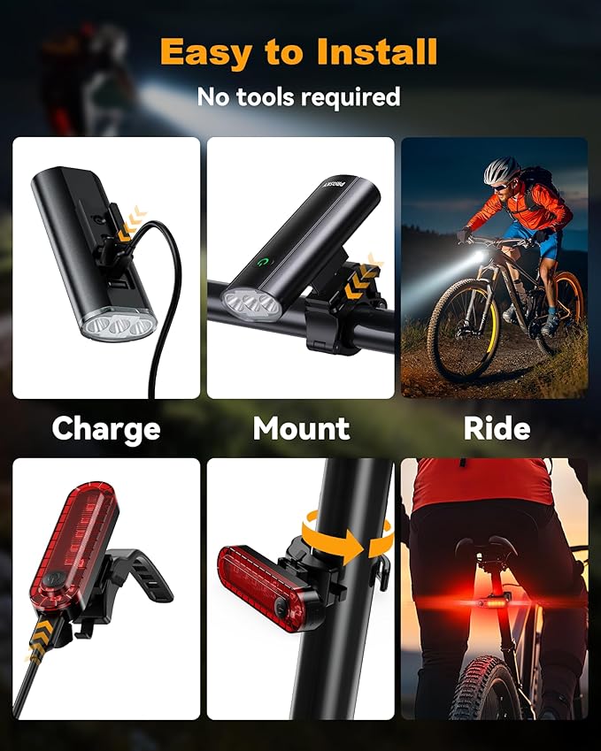 Bike Lights for Night Riding, USB Rechargeable Mountain Bicycle Headlight, Super Bright, Waterproof, 6+4 Light Modes Bike Light Set for Cyclists and Commuters