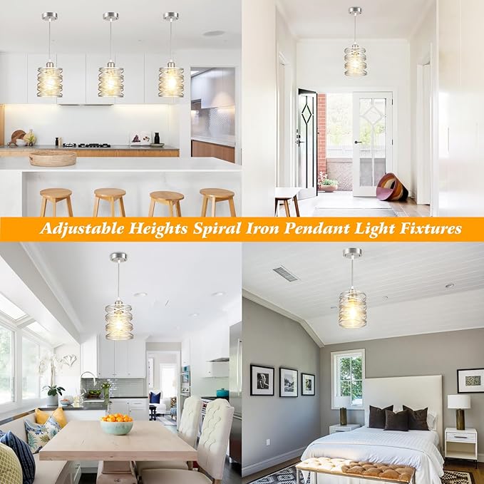 Brushed Nickel Pendant Light for Kitchen Island Spiral Iron Pendant Light Fixtures with Seeded Glass Shade, Adjustable Height Hanging Pendant Lighting for Dining Room Hallway Kitchen Foyer