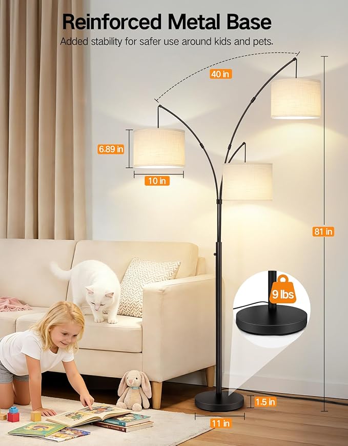OUTON Arc Led Floor Lamp, Modern Black 3 Light Tall Floor Lamp for Bedroom, 2400lm Mid Century Adjustable Standing Corner Lamps for Living Room Office, 3 LED Bulbs Included, White Lampshade