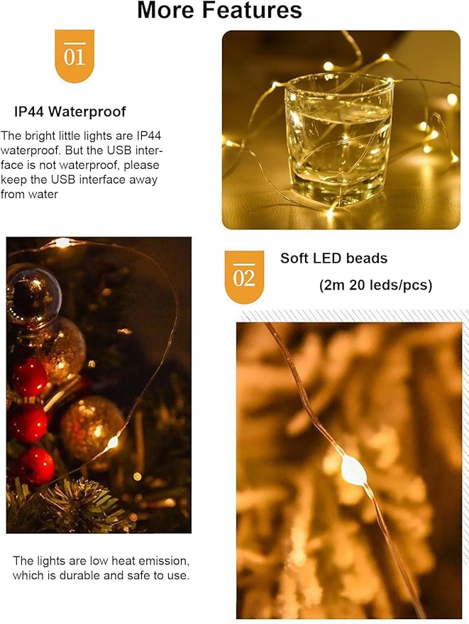 Sokelinn-six 2m 20 LEDs Fairy String Lights, USB Powered String Light for Desk Office Christmas Tree Party Decoration (Warm, 12)