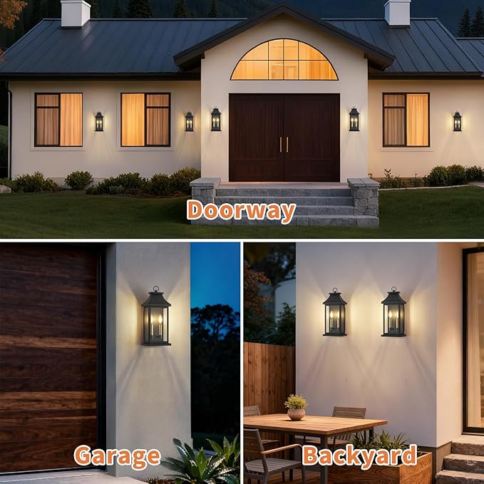 tewei 22'' Large Outdoor Wall Lights, Porch Light Outdoor Wall Sconce Lantern, 2-Light Black Exterior Lighting Fixture Wall Mount E12 Gold Base, Outside Light for House Backyard Garage, 2-Pack