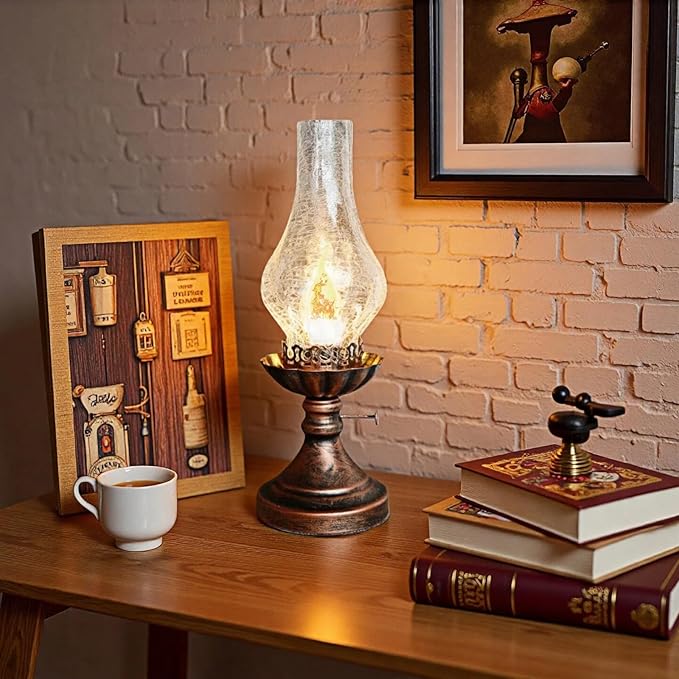 Vintage Table Lamp - 3 Modes Dimmable Retro Rustic Desk Lamp with Crackle Glass Shade, Antique Victorian Style, E26 Bulb Included, Ideal for Bedroom, Living Room, Home Decor (Transparent Glass)