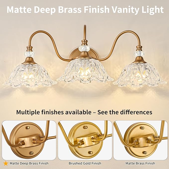 Vintage Bathroom Vanity Light, 3-Light Matte Deep Brass Finish Vanity Light with Flower-Shaped Clear Glass Shades, Retro Wall Sconce for Bathroom