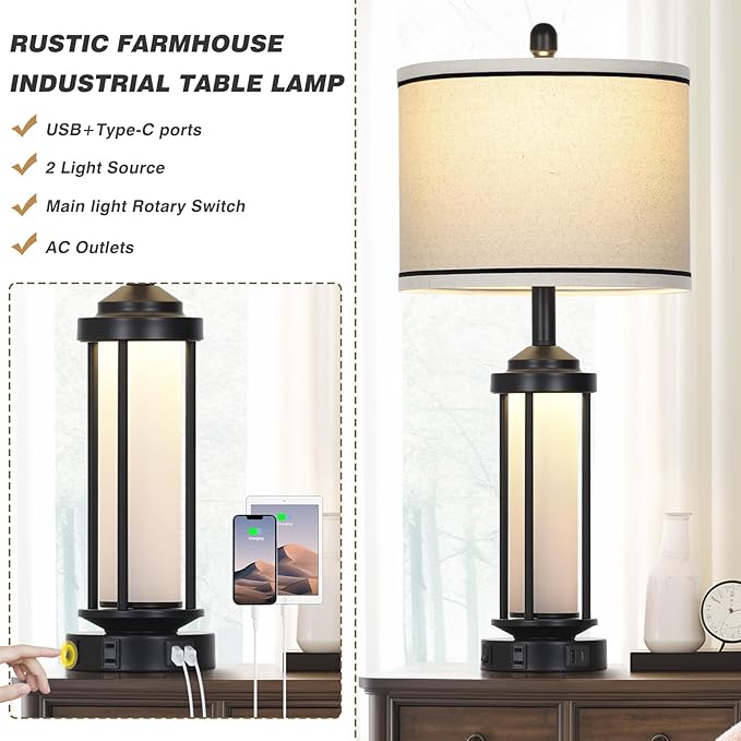 Table Lamps for Living Room Set of 2, Black Farmhouse Rustic Industrial Table Lamp with USB A+C Charging Ports & AC Outlet, 27" Modern Table Lamps with LED Night Light & Linen Fabric Lampshade