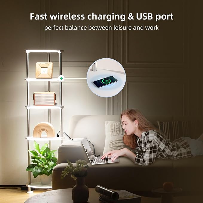 Floor Lamp with Shelves Height Adjustable Music Sync LED Corner Floor Lamp with Charging Stationl Dimmable and Timing RGB Standing Lamp for Christmas Gifts White 5-Tier