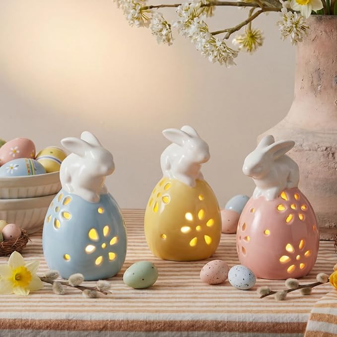 Frienda 3 Pcs Easter Ceramic Bunny Figurine Easter Egg 5 Inch LED Light up White Bunny with Egg Luminous Lighted Decorative Eggs for Table, Spring Rabbit Farmhouse Rustic Decoration
