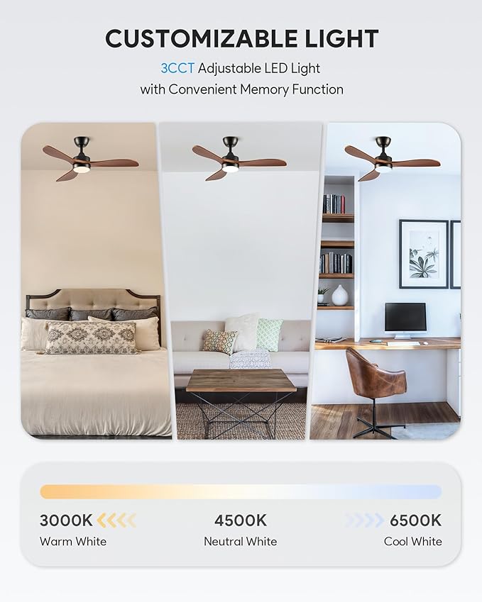 VONLUCE Ceiling Fans with Lights, 42 Inch Ceiling Fan and Remote, 6-Speeds Noiseless Reversible DC Motor, 3CCT, Wood Ceiling Fan for Outdoor Indoor Farmhouse Patios, Black