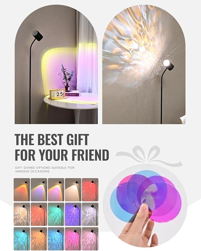 Black Sunset Lamp, 360 Degree Rotation Projection Led Lights Night Light, Multicolor Colors 3D Ocean Wave Lights, Modern Floor Lamp for Living Room Bedroom Office Dining Room Ambient Lighting