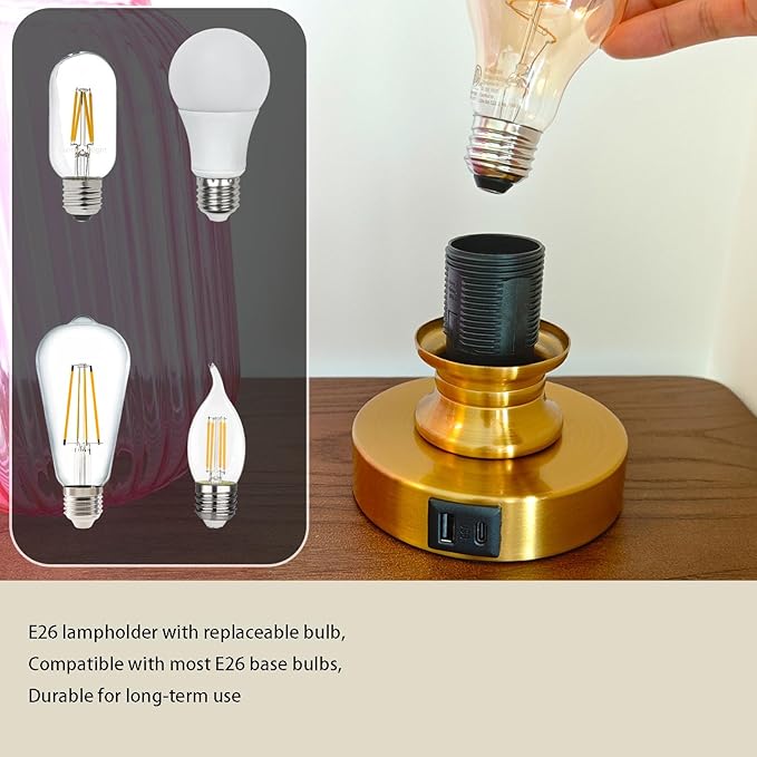 Mid Century Glass Table Lamp,Dimmable Desk Lamp,LED Bulb Included,Touch Control & USB A+C Port,Pink Ribbed Glass