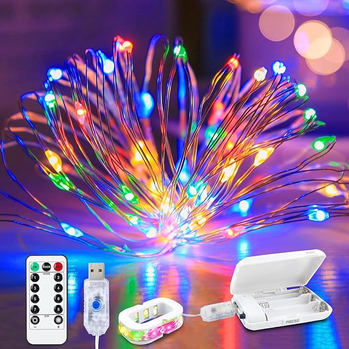 Aogist 50LED Fairy Lights 16ft Dual Power(USB/Battery) with Remote & Timer, 8 Modes Flexible Copper Wire Waterproof String Lights for Outdoor Christmas Wedding Bedroom Party Decor-1 Pack,Multicolor