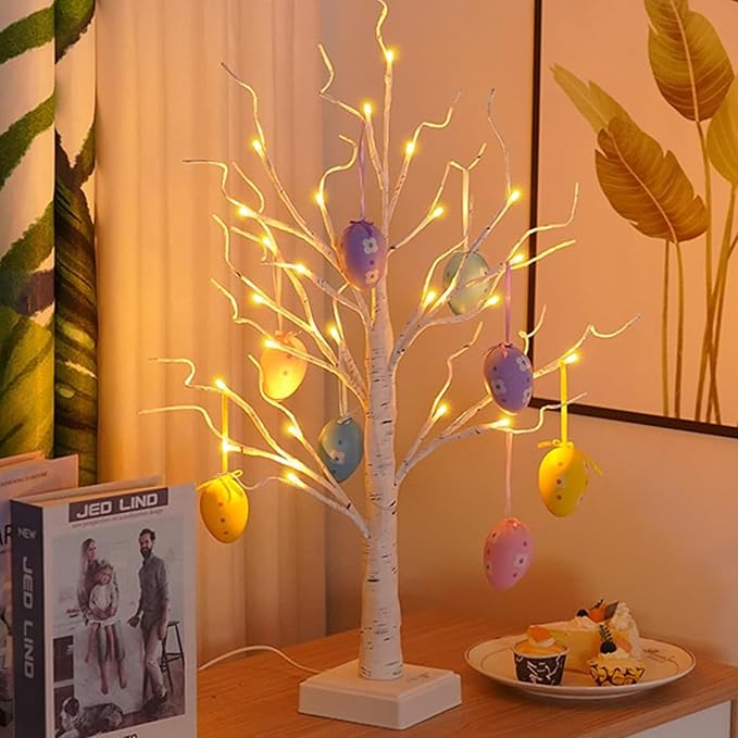 Easter Tree Lamp Lighted up Easter Decorations for Tabletop, Artifical Mini Birch Tree Bonsai Decor for Bedroom Bedside Fireplace Aesthetic,Battery and USB Dual Powered(Includes 8 Easter Eggs),23.6''