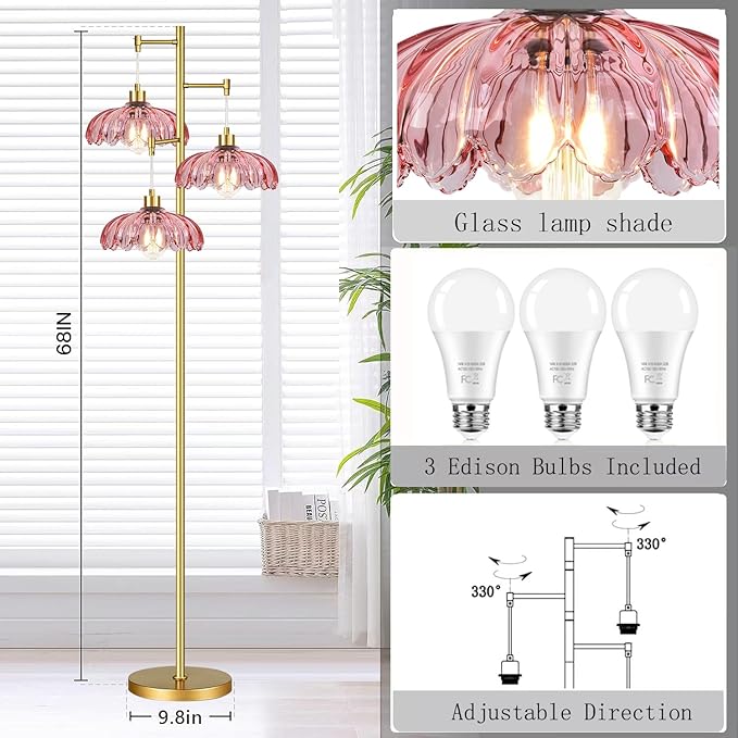 Vintage Floor Lamps for Living Room Bedroom-3 Light Glass Floor Lamp with Three Led Bulb, Tall Flower Floor Lamp Gold Mid Century Modern Standing Lamp Tree Floor Lamps for Living Room Bedroom Corner