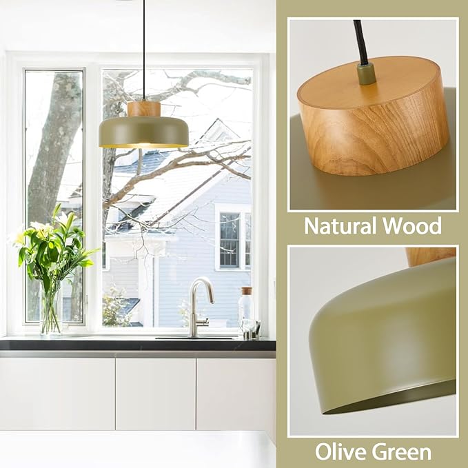Modern Pendant Lights,12.6 inch,Naturl Wood,Adjustable Simple Pendant Lighting for Kitchen, Dining Room, Olive Green