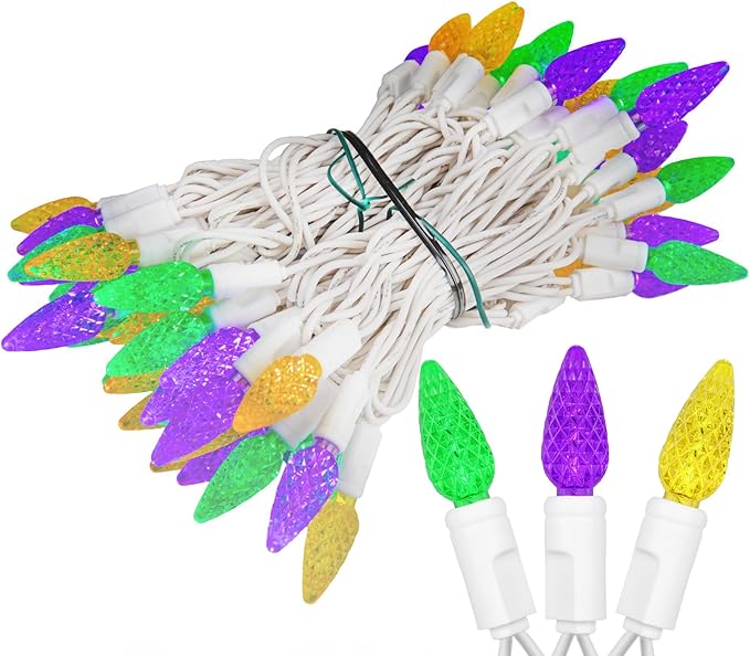 ‎‎‎Novelty Lights 24FT 70 LED C6 LED Mardi Gras String Lights, Outdoor Christmas Tree Commercial Grade LED String Lights, Christmas Lights Outdoor Tree Decorations Outdoor (Yellow/Purple/Green)
