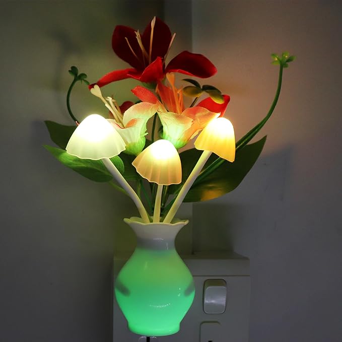 AUSAYE Plug-in Night Light with Auto Light Sensor,RGB LED Mushroom Night Light Wall Red Lily Flower Lamp for Adults Kids Nursery Room,Bedroom,Lounge,Bathroom,Stairs