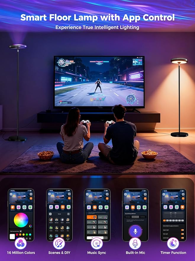 Smart Floor Lamp for Living Room, RGB+WW Ripple Projector, LED Corner Floor Light, Dimmable Tall Standing Lamp with App Control, Color Changing Mood Light & Eye-Care Reading Lamp for Bedroom