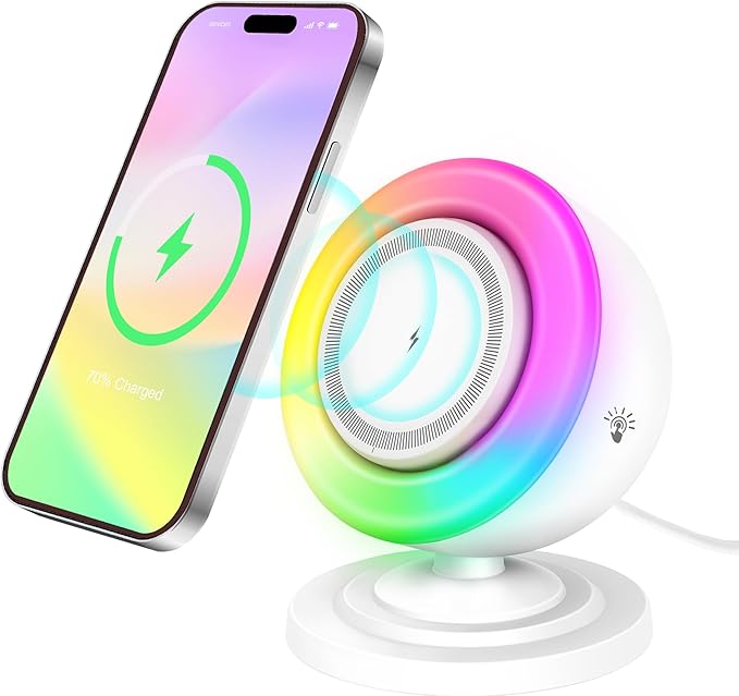 4 in 1 Bluetooth Speaker with 15W Magnetic Wireless Charger, Bedside Night Light,Touch Dimmable RGB Lights & Phone Stand for iPhone,Samsung,Android Device, Ideal Valentine‘s Gifts for Lovers (White)