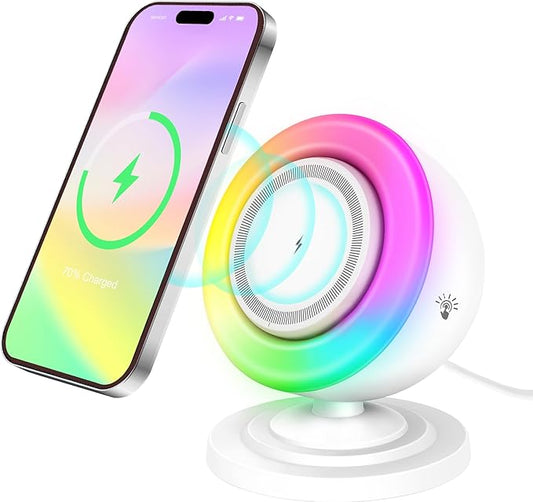 4 in 1 Bluetooth Speaker with 15W Magnetic Wireless Charger, Bedside Night Light,Touch Dimmable RGB Lights & Phone Stand for iPhone,Samsung,Android Device, Ideal Valentine‘s Gifts for Lovers (White)