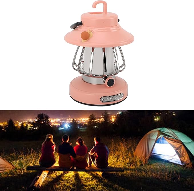 Vintage Lantern Decorative,Hanging Lantern Decor,Camping Lantern Portable Tent Light Emergency Light,Retro Rechargeable Camping Lantern,Infinite Dimming 3 Level Color Temperature (Pink)