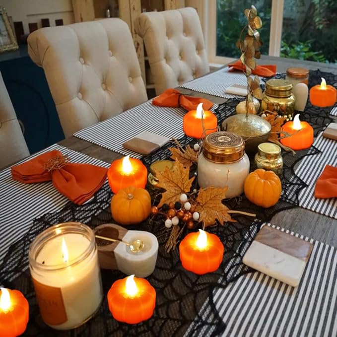 CESOF Pumpkin Tea Lights Fall Decorations, 12 Pack LED Orange Pumpkin Lights Flameless Candles Battery Operated, Halloween Thanksgiving Flickering Tealight Candle for Home Table Indoor Party Decor