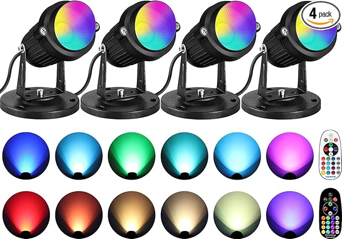 SUNVIE 6W RGBW Up Lights Indoor LED Spot Lights Indoor for Accent Lighting Color Changing Uplighting with Remote Control 120V 4.92FT Cord Spotlight Plug in with Stake for Plant Party Decor, 4 Pack