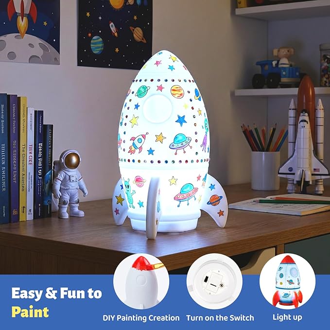 Paint Your Own Rocket Lamp - Art & Crafts Painting Kits for Kids, DIY Night Light, Creative Art Supplies School Activities, Birthday Easter Christmas Holiday Gift for Girls Boys Ages 4 5 6 7 8+