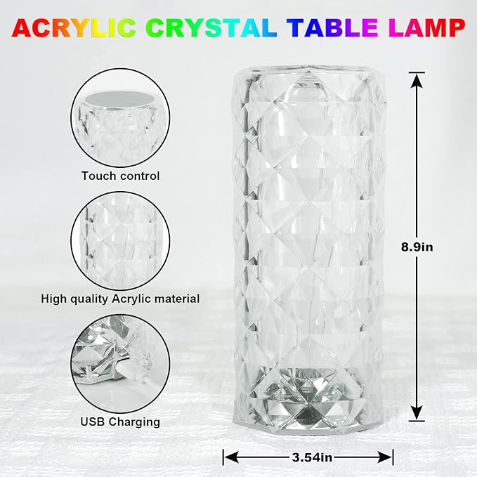MIFXIN Crystal Table Lamp RGB 16 Colors Changing Remote Control Rose Diamond Crystal Lamp USB Charging Touch Light Decorative Acrylic Led Desk Lamp for Bedroom Living Room Dinning Table Decor