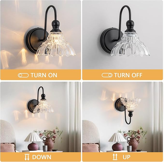 Vintage Bathroom Light Fixtures Over Mirror, 1-Light Black Wall Sconce Lighting with Flower Glass Shade, Farmhouse Vanity Lights for Bedroom Kitchen Living Room Hallway Light