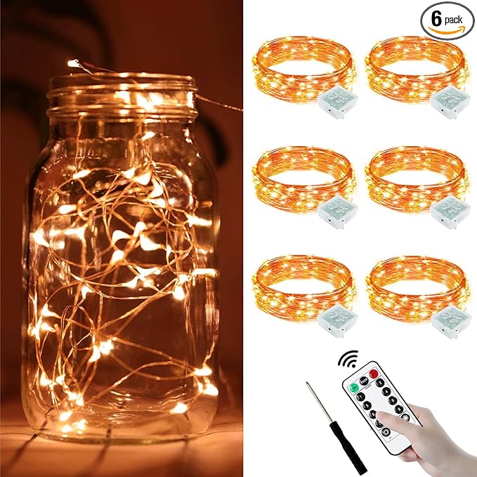 ZGWJ 6 Pack Fairy Lights Battery Operated with Remote, 7ft 20 LED Mini Fairy String Lights with Timer 8 Lighting Modes Waterproof for Halloween Christmas Tree DIY, Parties, Bedroom Decorations Orange