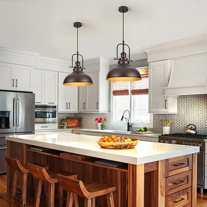 TAKEGO 11.8” Farmhouse Pendant Lights Kitchen Island, Oil Rubbed Bronze Rustic Pendant Light Fixture, Vintage Dome Pendant Light, Industrial Hanging Ceiling Lamp for Dining Room, Hallway