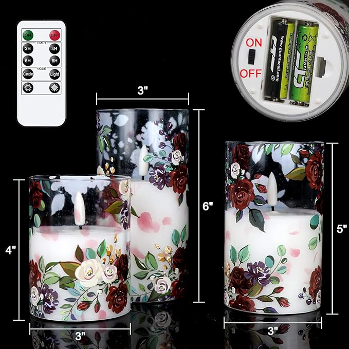 DRomance Battery Operated Glass Flameless Candles with Remote and Timer Real Wax 3D Wick Flickering Rose LED Pillar Candles Wedding Dinner Christmas Holiday Decor D3 x H4, 5", 6"