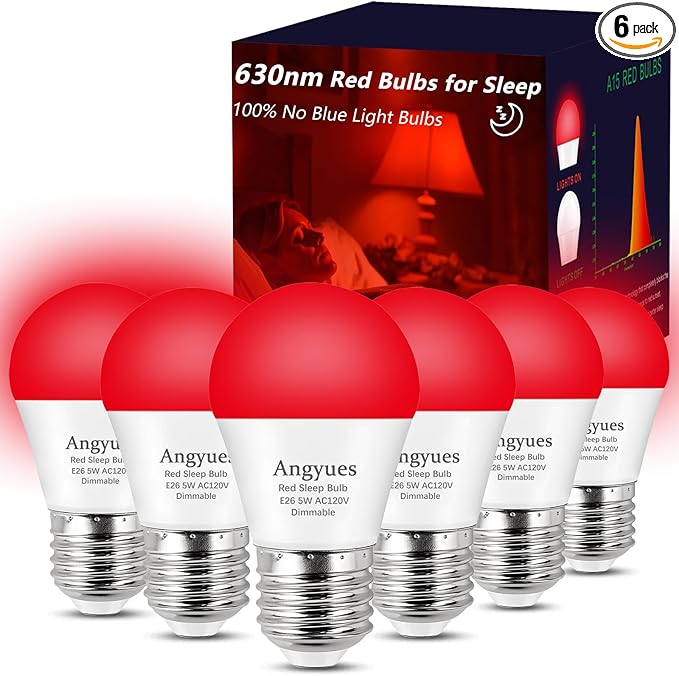 630nm Red Light Bulb for Sleep Dimmable, 100% Blue Light Blocking, Promotes Melatonin Production, E26 A15 LED 5W Red Dim Night Light for Baby's Bedroom, Sleeping, 6Pack