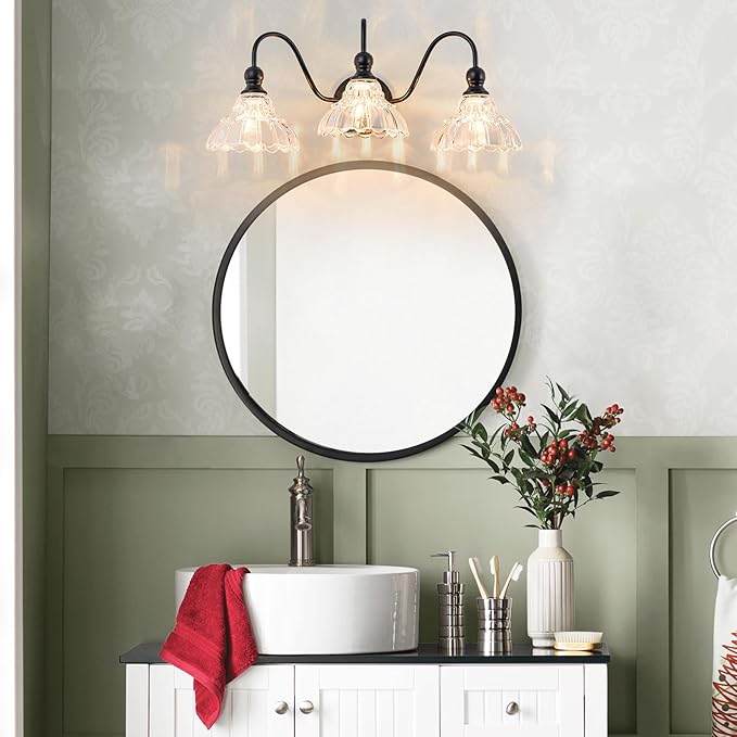Vintage Bathroom Light Fixtures Over Mirror, 3-Light Black Wall Sconce Lighting with Flower Glass Shade, Farmhouse Vanity Lights for Bedroom Kitchen Living Room Hallway Light