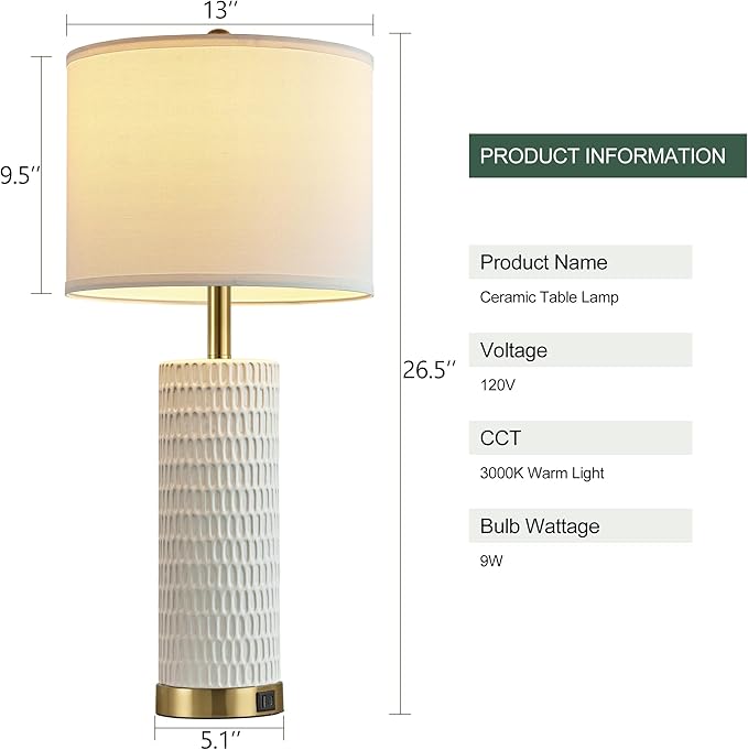 26.5" Ceramic Table Lamps Set of 2, 3 Way Dimmable Touch Control Table Lamps for Living Room, Modern Lamps for Nightstand, Gold