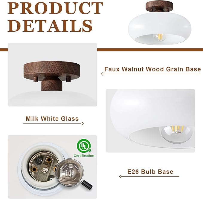 Mid-Century Modern Semi Flush Mount Ceiling Light, Faux Walnut Wood Kitchen Light Fixtures with Glass Shade, Vintage White Close to Ceiling Lamp for Entryway Hallway Bathroom (11.0 Inch)